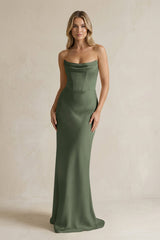 Cowl Neck Sheath Corset Bridesmaid Dress in Thyme - KISS BRIDAL Bridesmaid Dresses