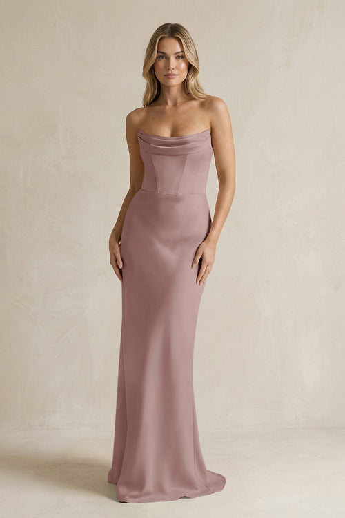 Cowl Neck Sheath Corset Bridesmaid Dress in Toffee - KISS BRIDAL Bridesmaid Dresses