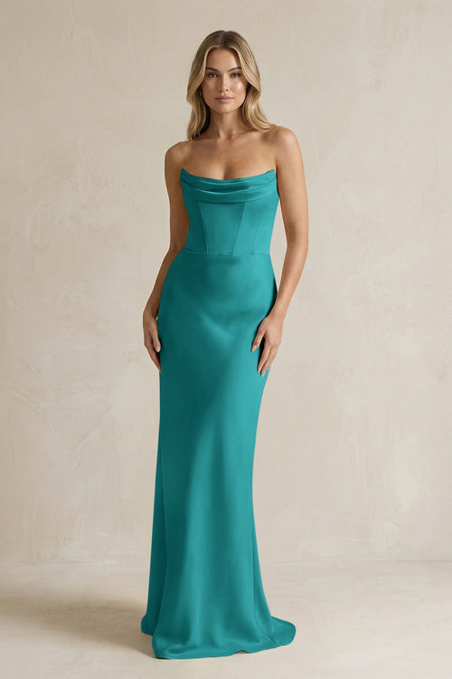 Cowl Neck Sheath Corset Bridesmaid Dress in Turquoise - KISS BRIDAL Bridesmaid Dresses