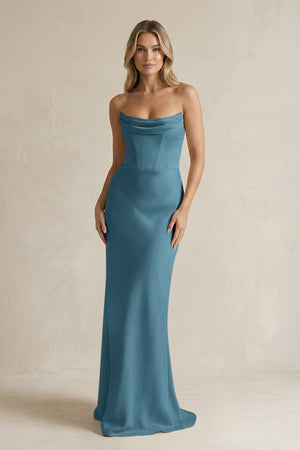 Cowl Neck Sheath Corset Bridesmaid Dress in Twilight - KISS BRIDAL Bridesmaid Dresses