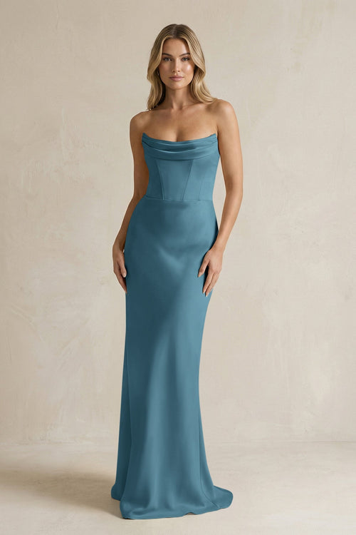 Cowl Neck Sheath Corset Bridesmaid Dress in Twilight - KISS BRIDAL Bridesmaid Dresses