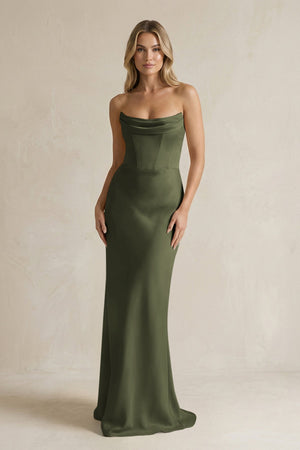 Cowl Neck Sheath Corset Bridesmaid Dress in Willow Green - KISS BRIDAL Bridesmaid Dresses