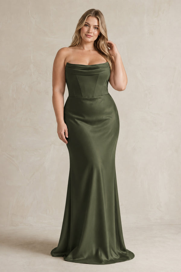 Cowl Neck Sheath Corset Bridesmaid Dress in Willow Green [sizeplus] | KISSBRIDAL
