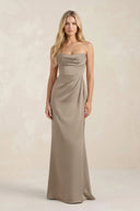 Cowl Neck Sheath Satin Bridesmaid Dress With Detachable Sleeves in Almond - KISS BRIDAL Bridesmaid Dresses