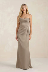 Cowl Neck Sheath Satin Bridesmaid Dress With Detachable Sleeves in Almond - KISS BRIDAL Bridesmaid Dresses