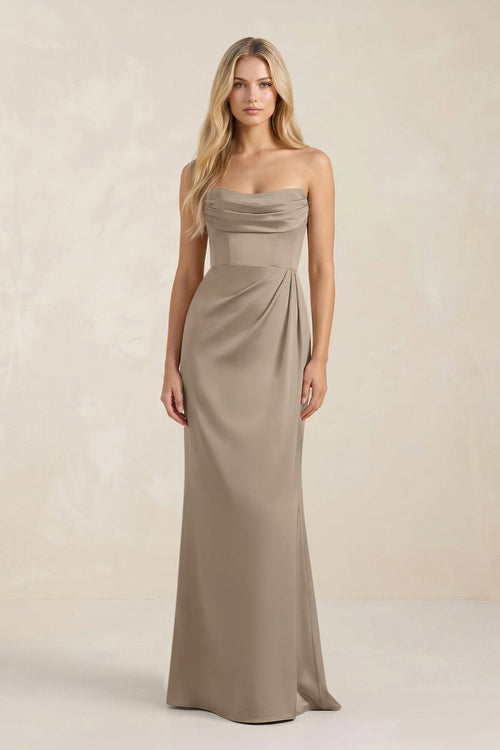 Cowl Neck Sheath Satin Bridesmaid Dress With Detachable Sleeves in Almond - KISS BRIDAL Bridesmaid Dresses