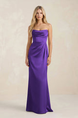 Cowl Neck Sheath Satin Bridesmaid Dress With Detachable Sleeves in Amethyst - KISS BRIDAL Bridesmaid Dresses