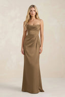 Cowl Neck Sheath Satin Bridesmaid Dress With Detachable Sleeves in Apple Cinnamon - KISS BRIDAL Bridesmaid Dresses