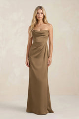 Cowl Neck Sheath Satin Bridesmaid Dress With Detachable Sleeves in Apple Cinnamon - KISS BRIDAL Bridesmaid Dresses