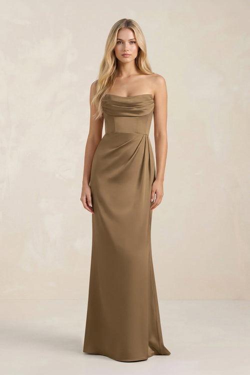 Cowl Neck Sheath Satin Bridesmaid Dress With Detachable Sleeves in Apple Cinnamon - KISS BRIDAL Bridesmaid Dresses