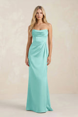 Cowl Neck Sheath Satin Bridesmaid Dress With Detachable Sleeves in Aqua - KISS BRIDAL Bridesmaid Dresses