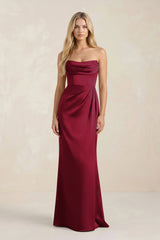 Cowl Neck Sheath Satin Bridesmaid Dress With Detachable Sleeves in Berry - KISS BRIDAL Bridesmaid Dresses