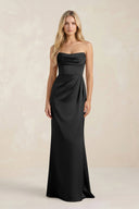 Cowl Neck Sheath Satin Bridesmaid Dress With Detachable Sleeves in Black - KISS BRIDAL Bridesmaid Dresses