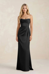 Cowl Neck Sheath Satin Bridesmaid Dress With Detachable Sleeves in Black - KISS BRIDAL Bridesmaid Dresses