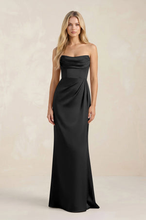 Cowl Neck Sheath Satin Bridesmaid Dress With Detachable Sleeves in Black - KISS BRIDAL Bridesmaid Dresses