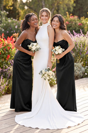Cowl Neck Sheath Satin Bridesmaid Dress With Detachable Sleeves in Black - KISS BRIDAL Bridesmaid Dresses
