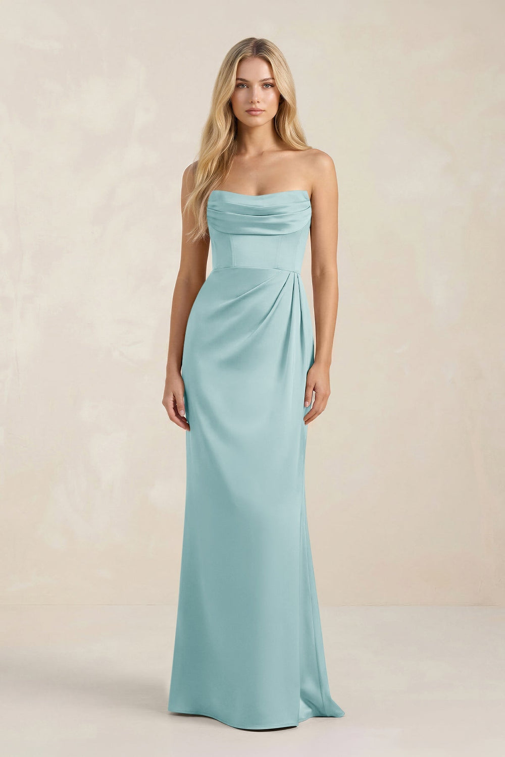 Cowl Neck Sheath Satin Bridesmaid Dress With Detachable Sleeves in Bleached Aqua - KISS BRIDAL Bridesmaid Dresses