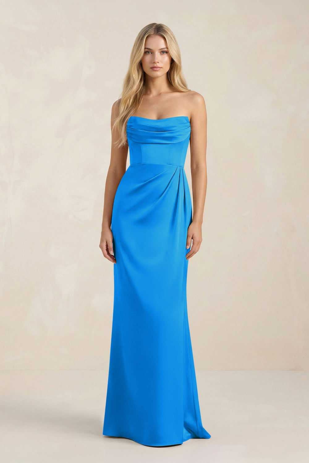 Cowl Neck Sheath Satin Bridesmaid Dress With Detachable Sleeves in Blue Jay - KISS BRIDAL Bridesmaid Dresses