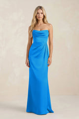Cowl Neck Sheath Satin Bridesmaid Dress With Detachable Sleeves in Blue Jay - KISS BRIDAL Bridesmaid Dresses
