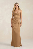 Cowl Neck Sheath Satin Bridesmaid Dress With Detachable Sleeves in Bronzer - KISS BRIDAL Bridesmaid Dresses