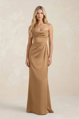 Cowl Neck Sheath Satin Bridesmaid Dress With Detachable Sleeves in Bronzer - KISS BRIDAL Bridesmaid Dresses