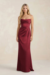 Cowl Neck Sheath Satin Bridesmaid Dress With Detachable Sleeves in Burgundy - KISS BRIDAL Bridesmaid Dresses