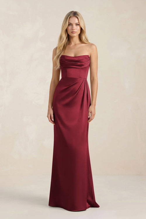 Cowl Neck Sheath Satin Bridesmaid Dress With Detachable Sleeves in Burgundy - KISS BRIDAL Bridesmaid Dresses