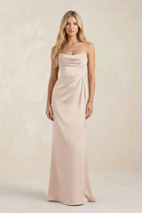 Cowl Neck Sheath Satin Bridesmaid Dress With Detachable Sleeves in Buttercream - KISS BRIDAL Bridesmaid Dresses