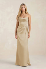 Cowl Neck Sheath Satin Bridesmaid Dress With Detachable Sleeves in Champagne - KISS BRIDAL Bridesmaid Dresses