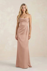 Cowl Neck Sheath Satin Bridesmaid Dress With Detachable Sleeves in Champagne Rose - KISS BRIDAL Bridesmaid Dresses