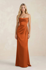 Cowl Neck Sheath Satin Bridesmaid Dress With Detachable Sleeves in Cinnamon - KISS BRIDAL Bridesmaid Dresses