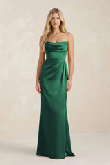 Cowl Neck Sheath Satin Bridesmaid Dress With Detachable Sleeves in Dark Green - KISS BRIDAL Bridesmaid Dresses