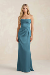 Cowl Neck Sheath Satin Bridesmaid Dress With Detachable Sleeves in Dark Teal - KISS BRIDAL Bridesmaid Dresses