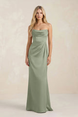 Cowl Neck Sheath Satin Bridesmaid Dress With Detachable Sleeves in Dove Gray - KISS BRIDAL Bridesmaid Dresses
