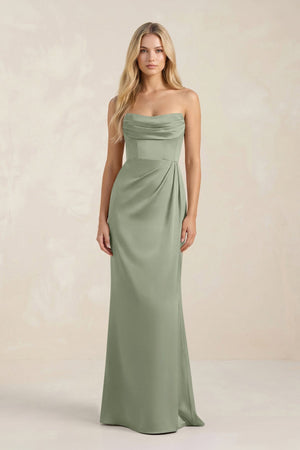 Cowl Neck Sheath Satin Bridesmaid Dress With Detachable Sleeves in Dove Gray - KISS BRIDAL Bridesmaid Dresses