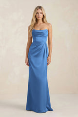 Cowl Neck Sheath Satin Bridesmaid Dress With Detachable Sleeves in Dusty Blue - KISS BRIDAL Bridesmaid Dresses