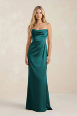 Cowl Neck Sheath Satin Bridesmaid Dress With Detachable Sleeves in Emerald - KISS BRIDAL Bridesmaid Dresses