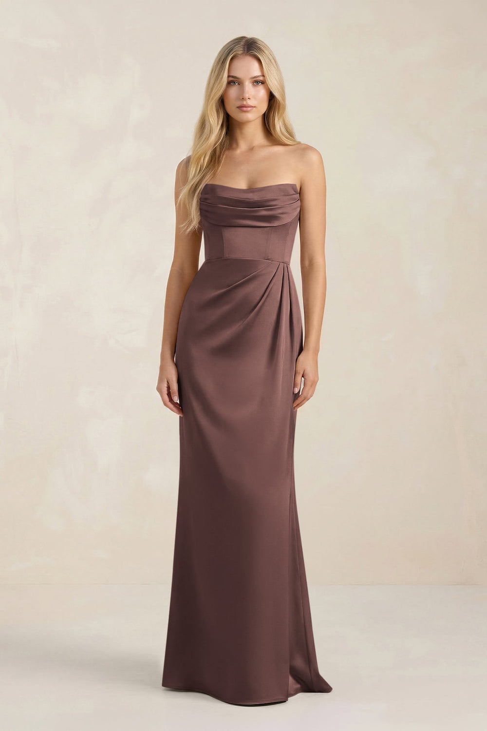 Cowl Neck Sheath Satin Bridesmaid Dress With Detachable Sleeves in Espresso - KISS BRIDAL Bridesmaid Dresses