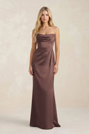 Cowl Neck Sheath Satin Bridesmaid Dress With Detachable Sleeves in Espresso - KISS BRIDAL Bridesmaid Dresses