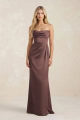 Cowl Neck Sheath Satin Bridesmaid Dress With Detachable Sleeves in Espresso - KISS BRIDAL Bridesmaid Dresses