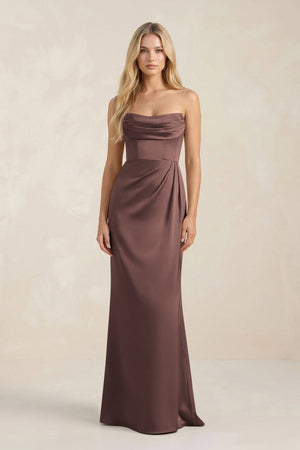 Cowl Neck Sheath Satin Bridesmaid Dress With Detachable Sleeves in Espresso - KISS BRIDAL Bridesmaid Dresses