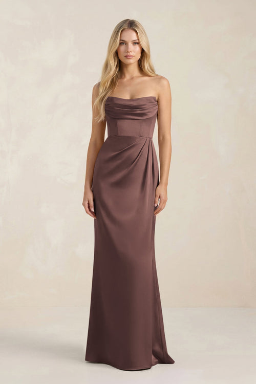 Cowl Neck Sheath Satin Bridesmaid Dress With Detachable Sleeves in Espresso - KISS BRIDAL Bridesmaid Dresses