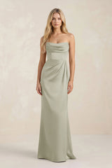 Cowl Neck Sheath Satin Bridesmaid Dress With Detachable Sleeves in Frost - KISS BRIDAL Bridesmaid Dresses