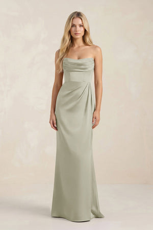 Cowl Neck Sheath Satin Bridesmaid Dress With Detachable Sleeves in Frost - KISS BRIDAL Bridesmaid Dresses