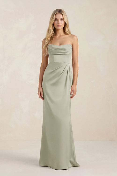 Cowl Neck Sheath Satin Bridesmaid Dress With Detachable Sleeves in Frost - KISS BRIDAL Bridesmaid Dresses