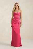 Cowl Neck Sheath Satin Bridesmaid Dress With Detachable Sleeves in Fuchsia - KISS BRIDAL Bridesmaid Dresses