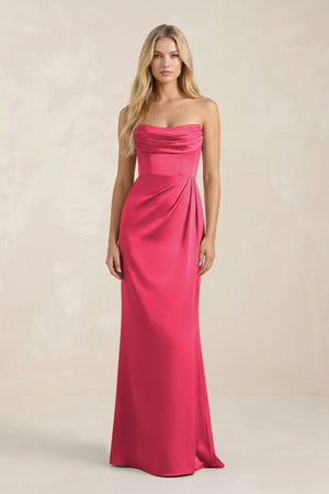 Cowl Neck Sheath Satin Bridesmaid Dress With Detachable Sleeves in Fuchsia - KISS BRIDAL Bridesmaid Dresses