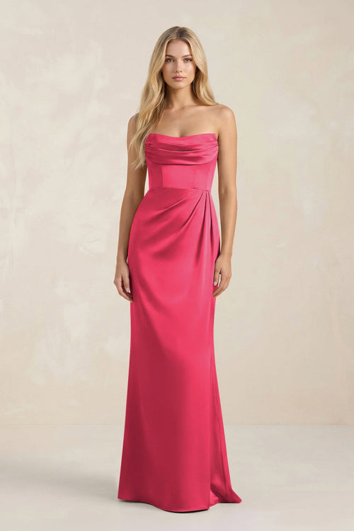 Cowl Neck Sheath Satin Bridesmaid Dress With Detachable Sleeves in Fuchsia - KISS BRIDAL Bridesmaid Dresses