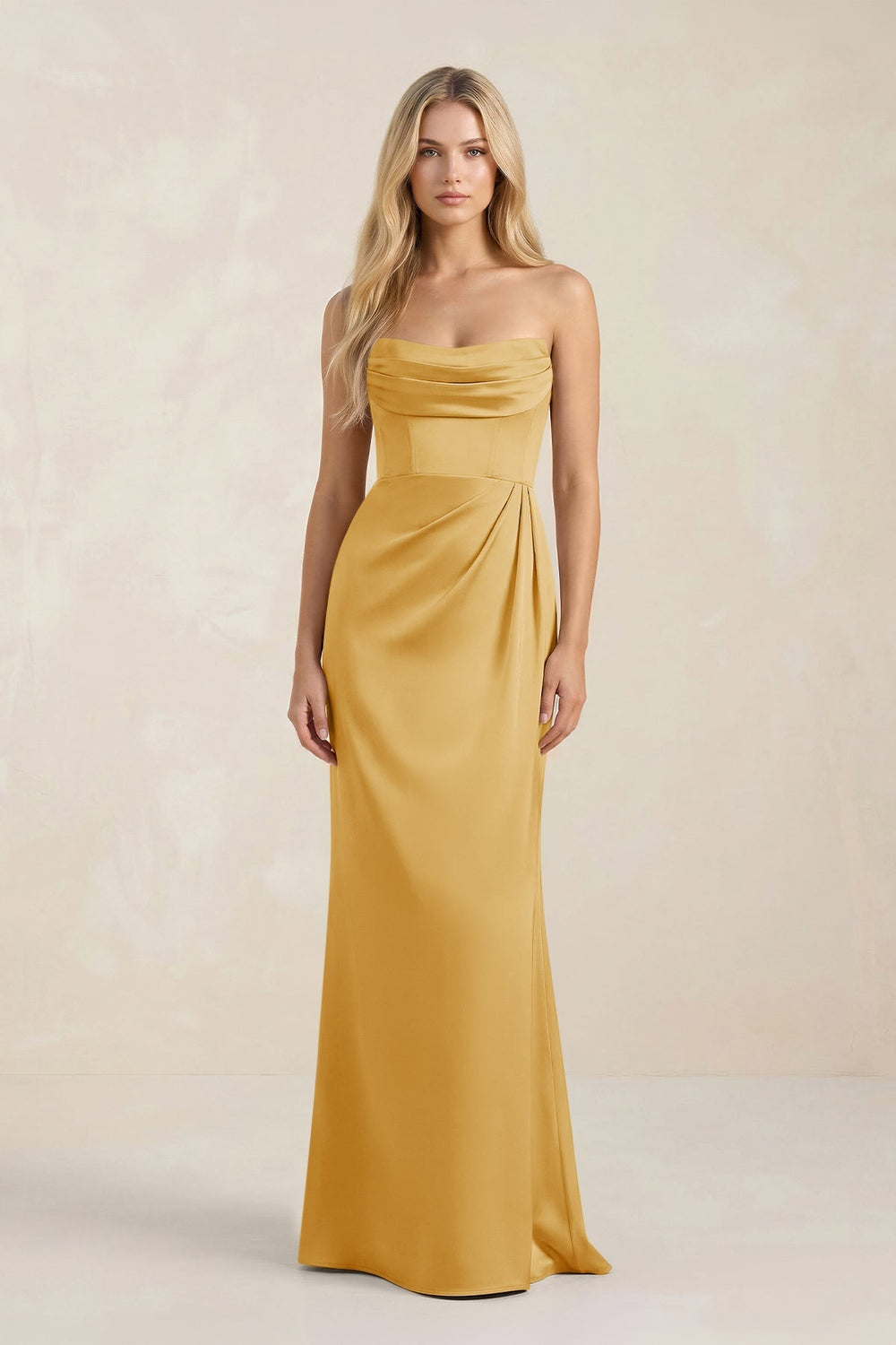 Cowl Neck Sheath Satin Bridesmaid Dress With Detachable Sleeves in Gold - KISS BRIDAL Bridesmaid Dresses