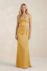 Cowl Neck Sheath Satin Bridesmaid Dress With Detachable Sleeves in Gold - KISS BRIDAL Bridesmaid Dresses